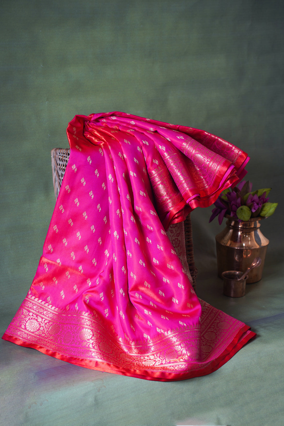 Rani Pink Banarasi Upada Satin Silk Buti Saree