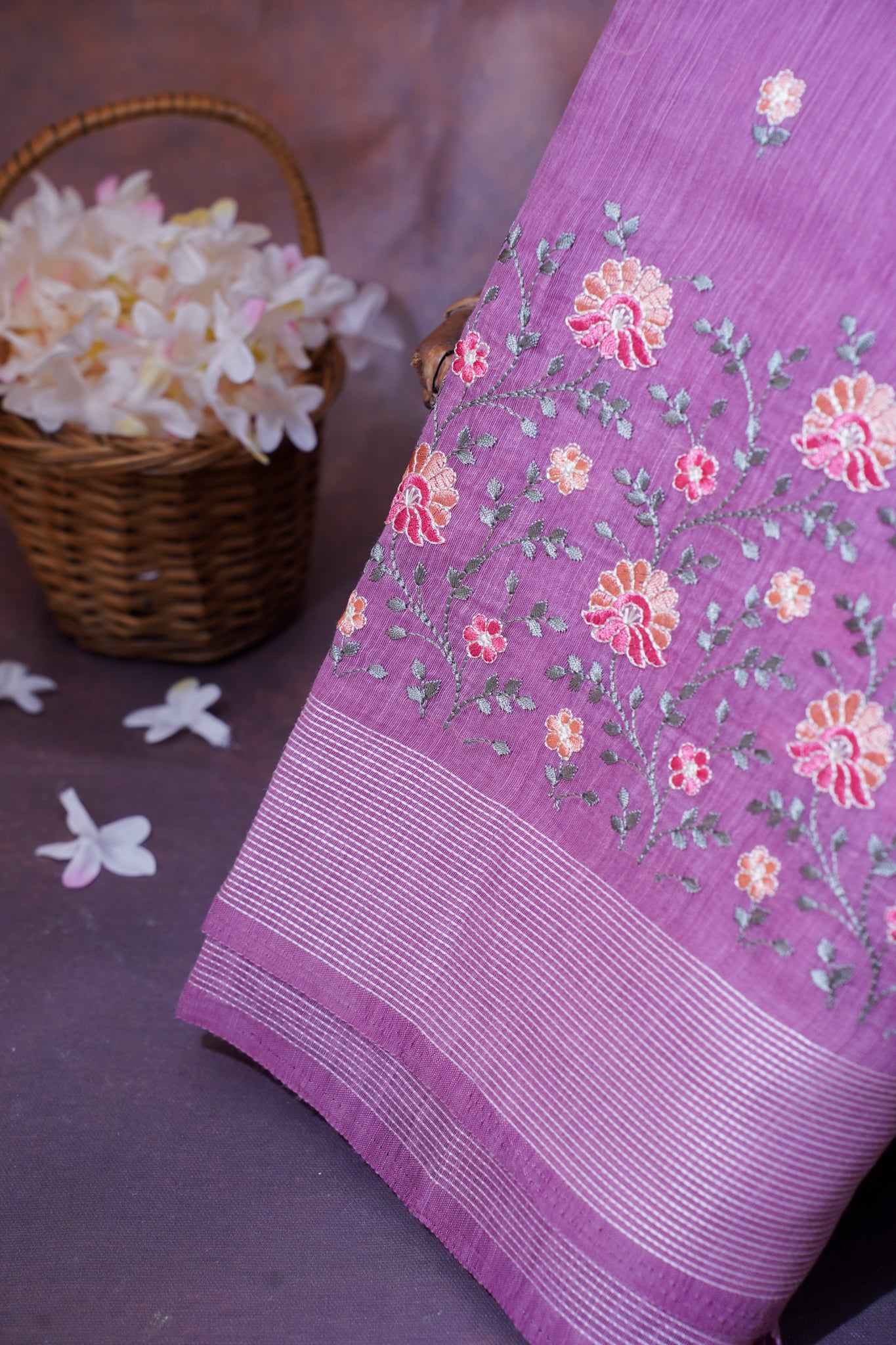 Lavender Linen Saree with Multicolor Chikankari Embroidery