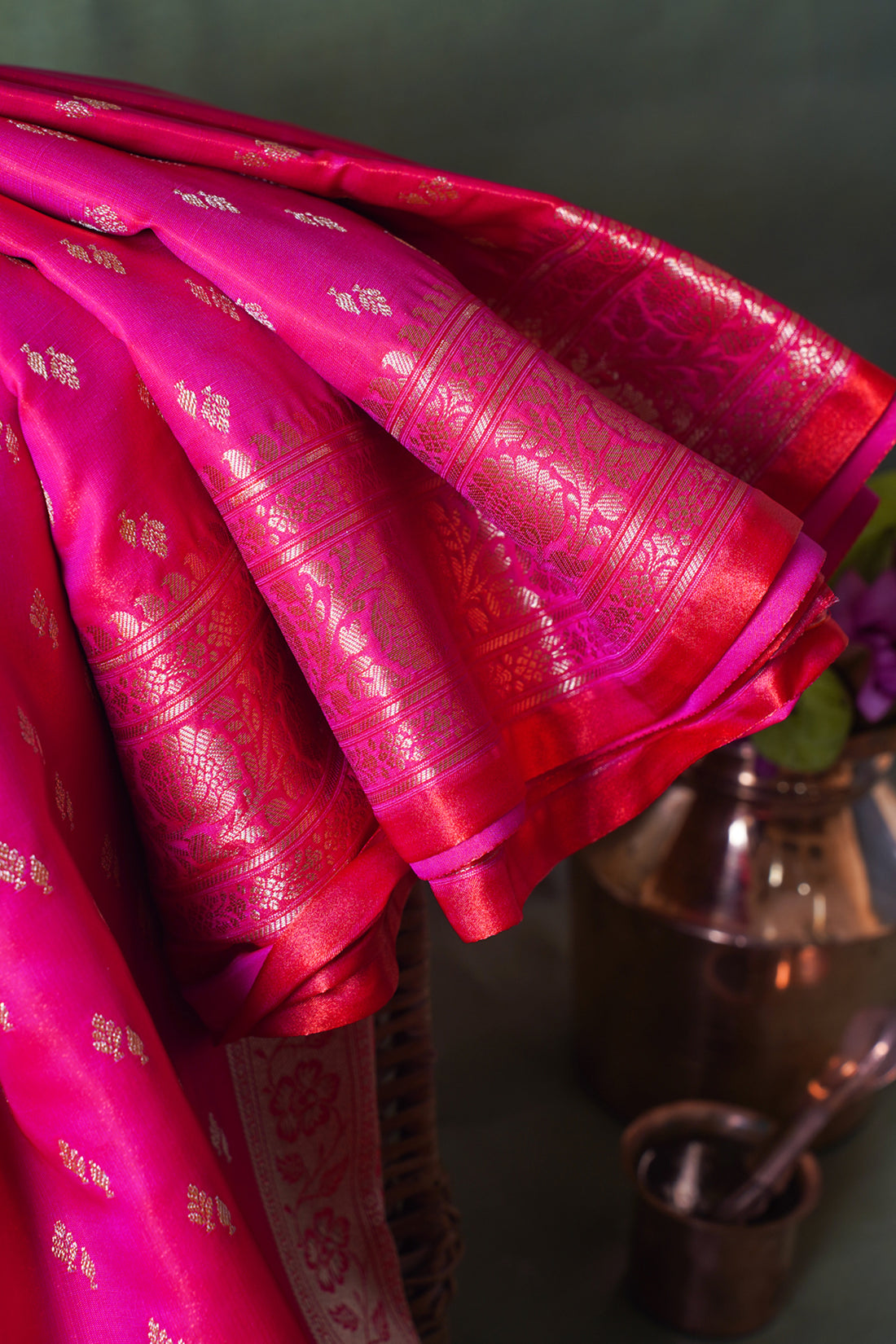 Rani Pink Banarasi Upada Satin Silk Buti Saree