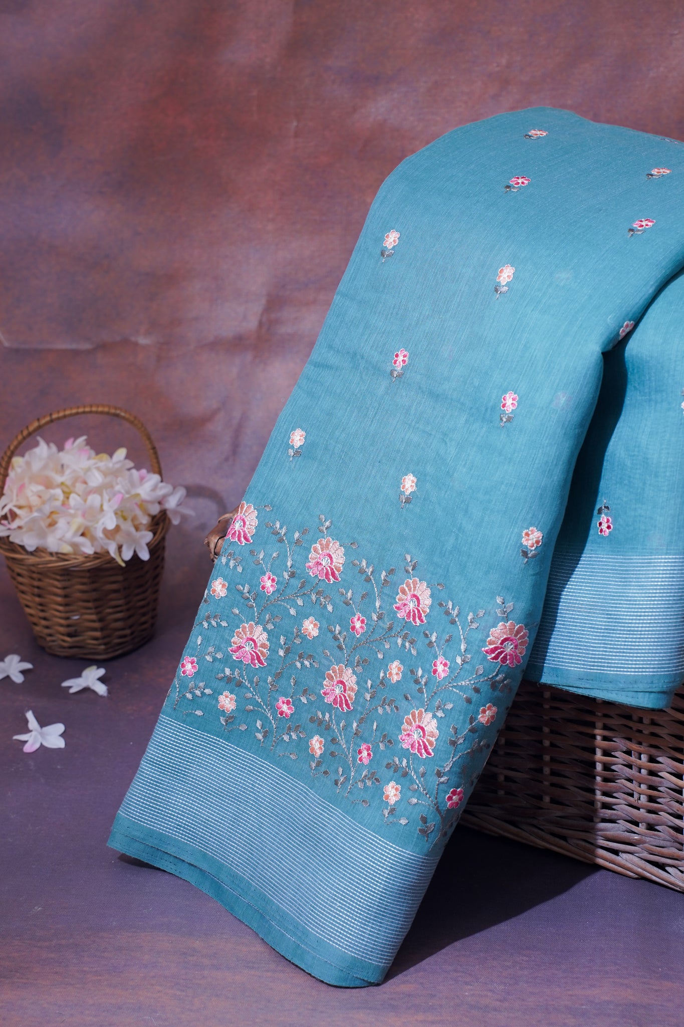 Sky Blue Linen Saree with Multicolor Chikankari Embroidery