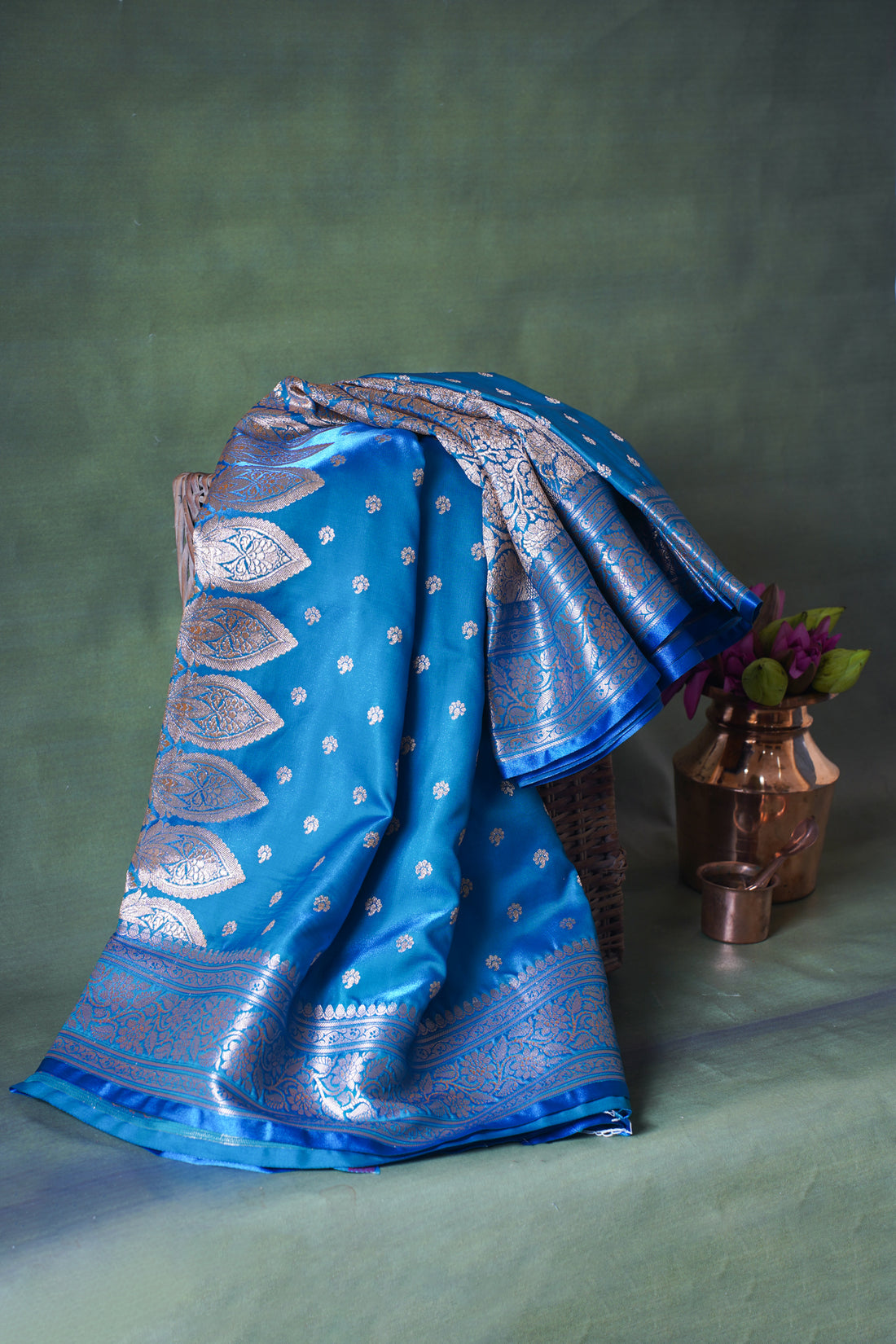Ocean Blue Banarasi Upada Satin Silk Buti Saree
