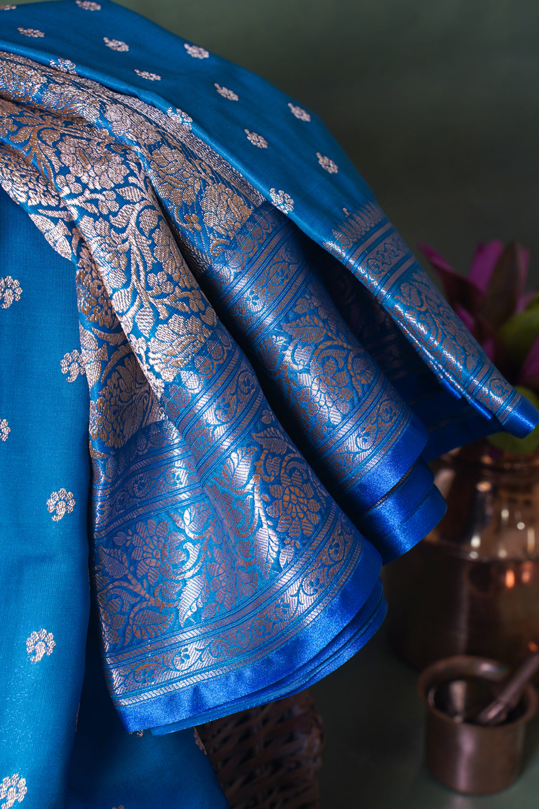 Ocean Blue Banarasi Upada Satin Silk Buti Saree
