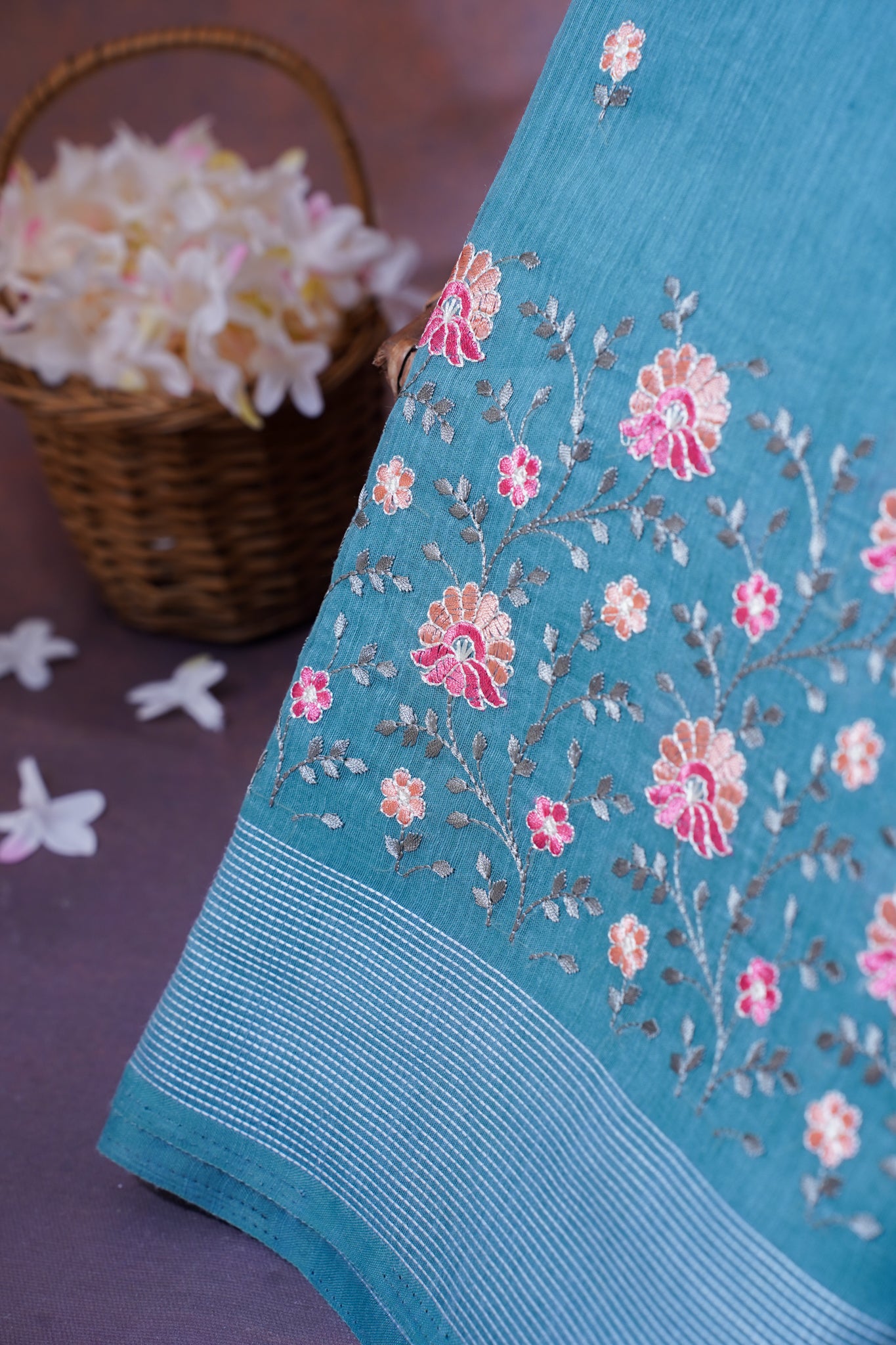 Sky Blue Linen Saree with Multicolor Chikankari Embroidery