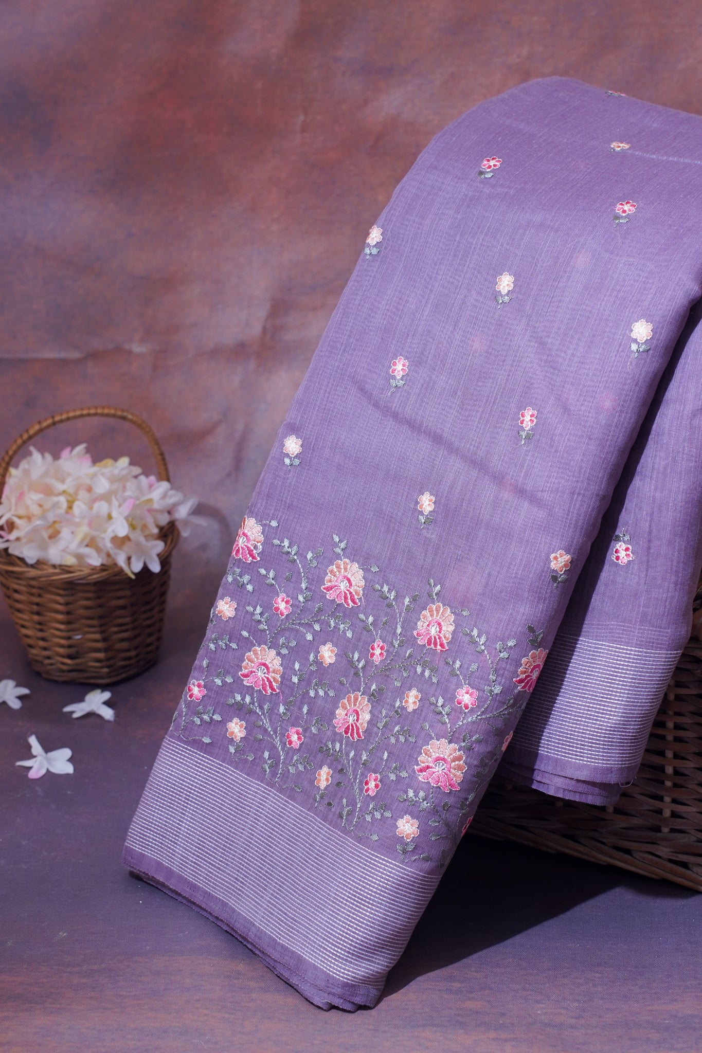 Purple Linen Saree with Multicolor Chikankari Embroidery