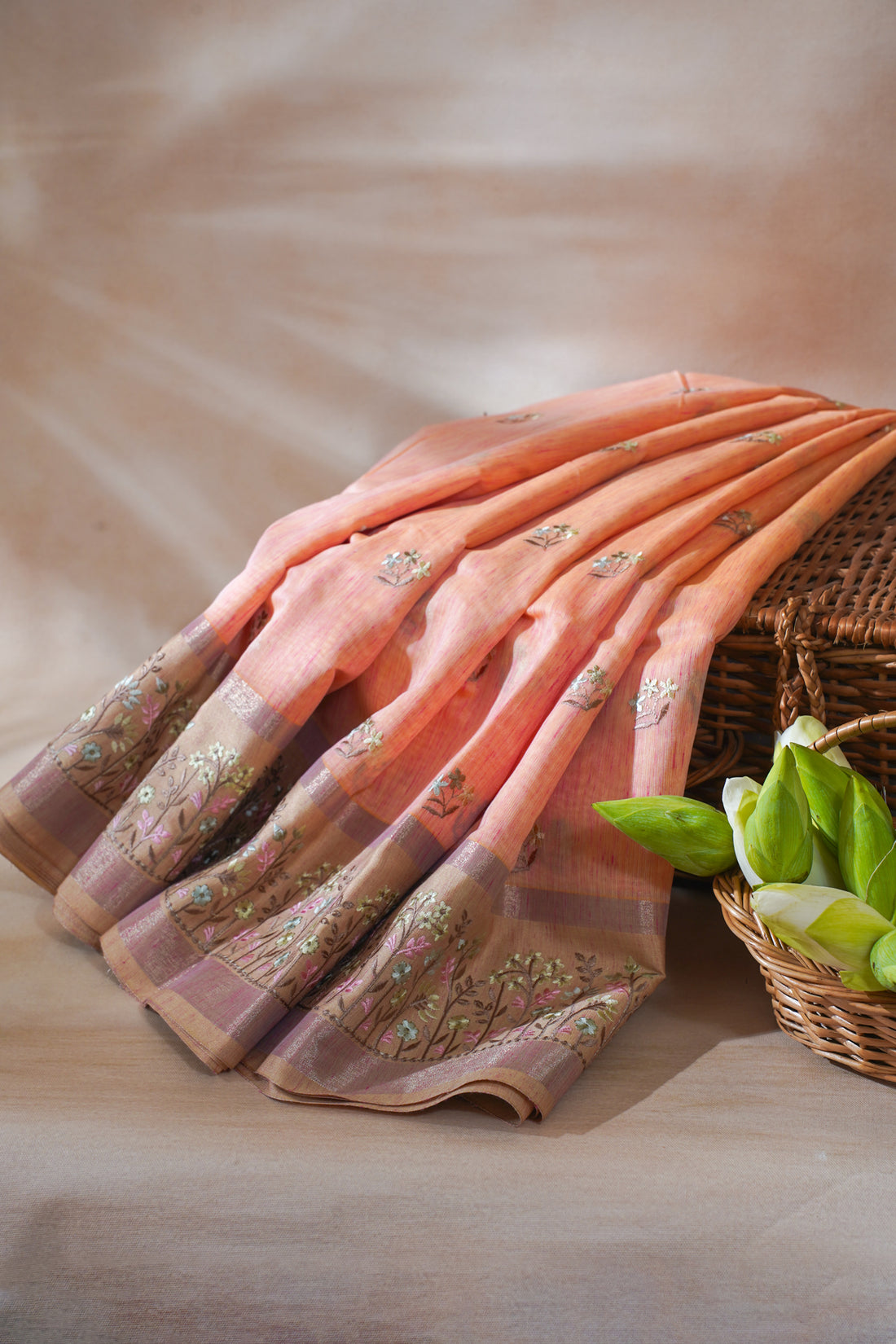 Peach-Pink Linen Embroidery Saree