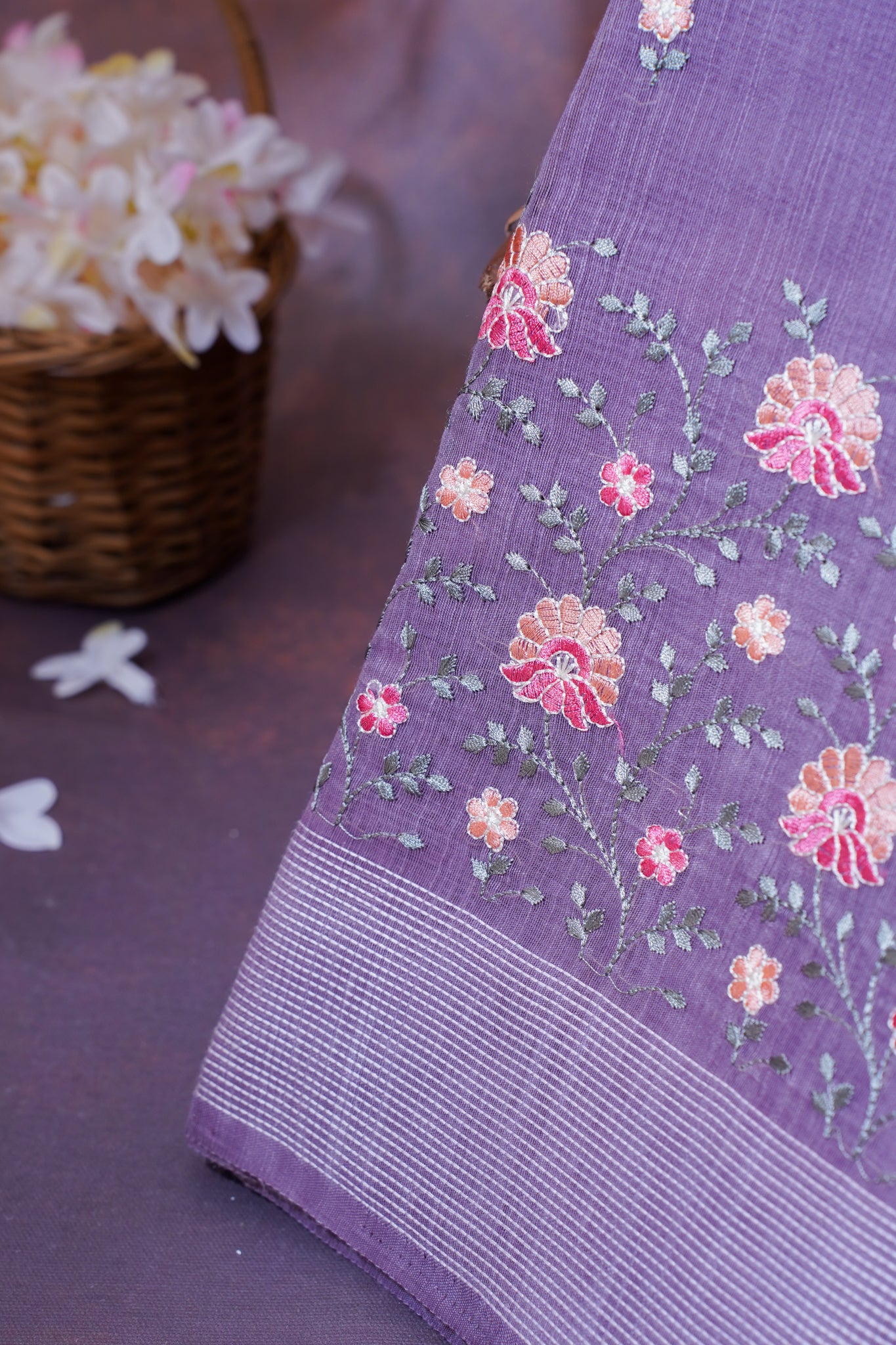 Purple Linen Saree with Multicolor Chikankari Embroidery