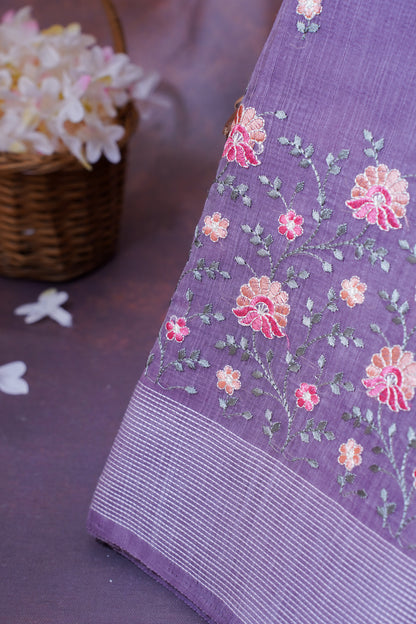 Purple Linen Saree with Multicolor Chikankari Embroidery