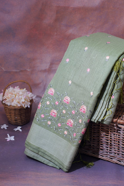 Olive Green Linen Saree with Multicolor Chikankari Embroidery