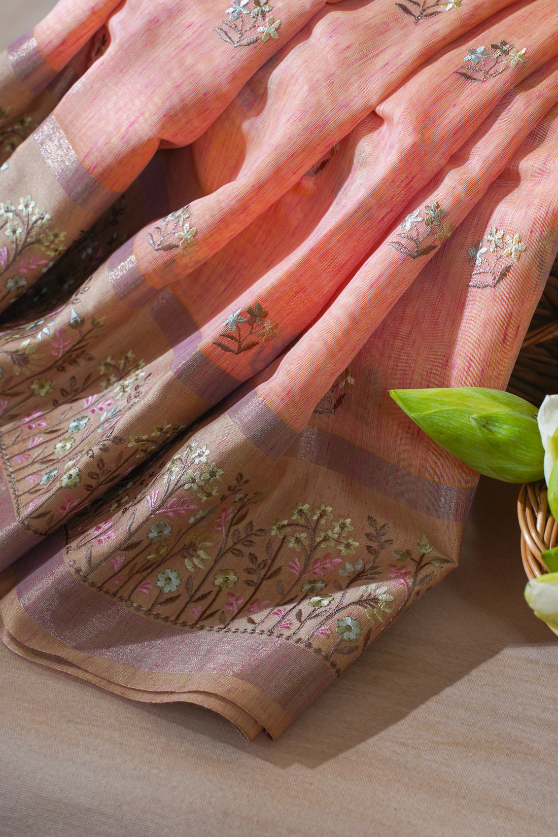 Peach-Pink Linen Embroidery Saree
