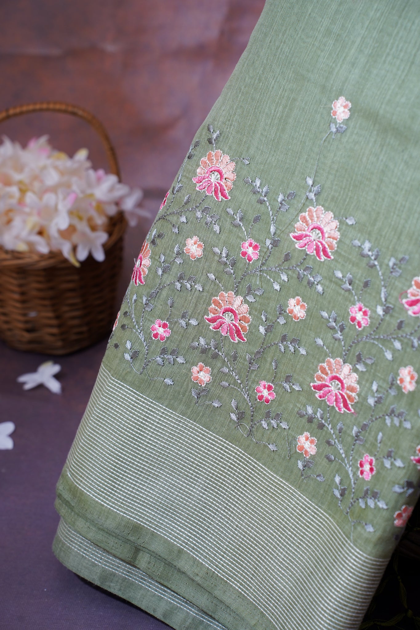 Olive Green Linen Saree with Multicolor Chikankari Embroidery