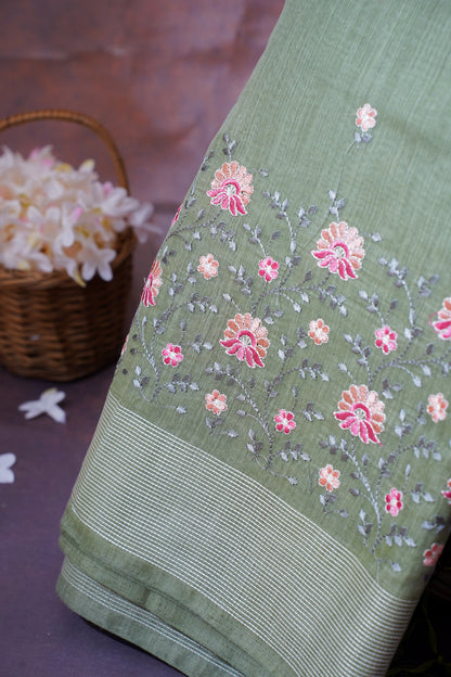 Olive Green Linen Saree with Multicolor Chikankari Embroidery