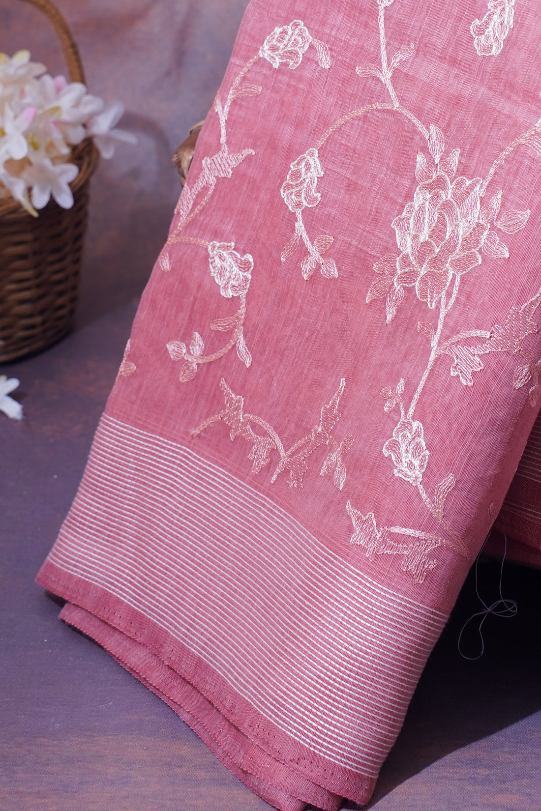 Rose Pink Linen Saree with White Chikankari Embroidery