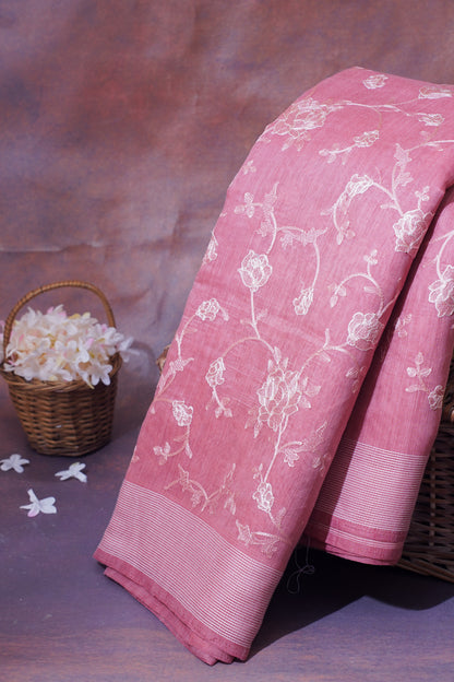 Rose Pink Linen Saree with White Chikankari Embroidery