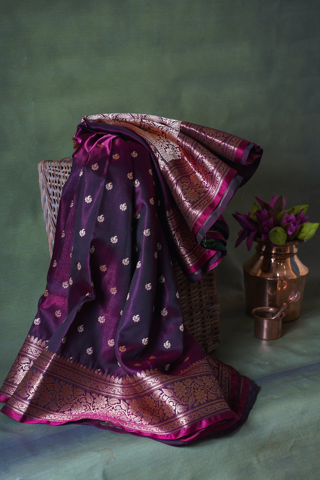 Wine Plum Pure Banarasi Upada Satin Silk Buti Saree