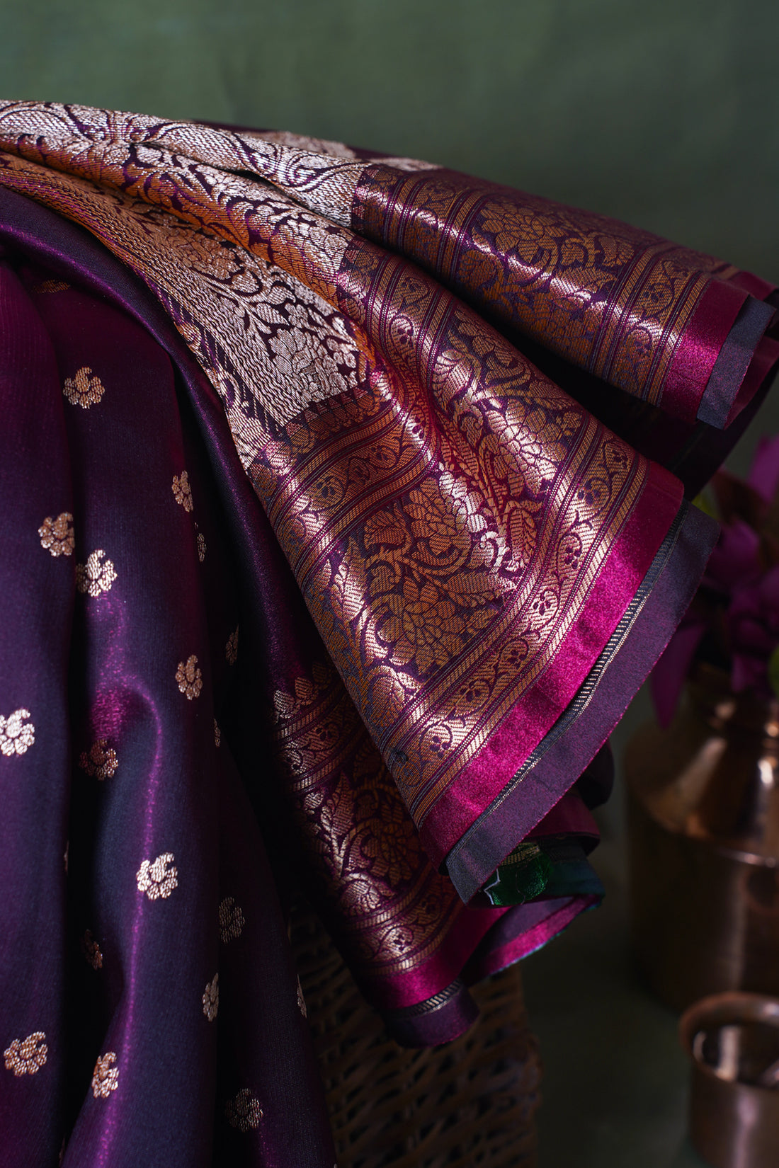 Wine Plum Pure Banarasi Upada Satin Silk Buti Saree
