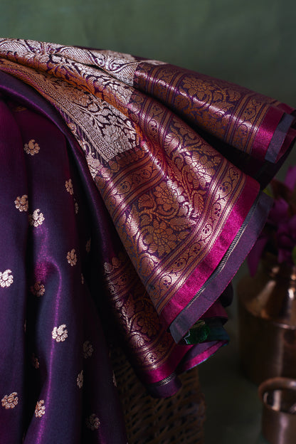 Wine Plum Pure Banarasi Upada Satin Silk Buti Saree