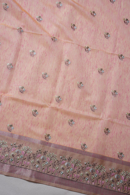 Peach-Pink Linen Embroidery Saree
