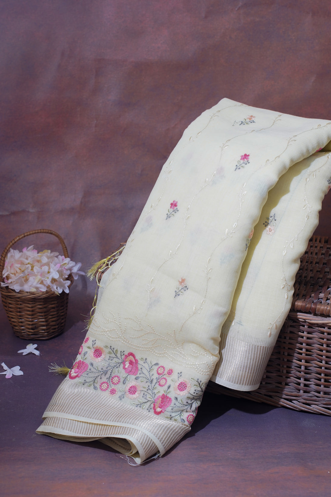 Lemon White Cotton Saree with Minakari Floral Embroidery