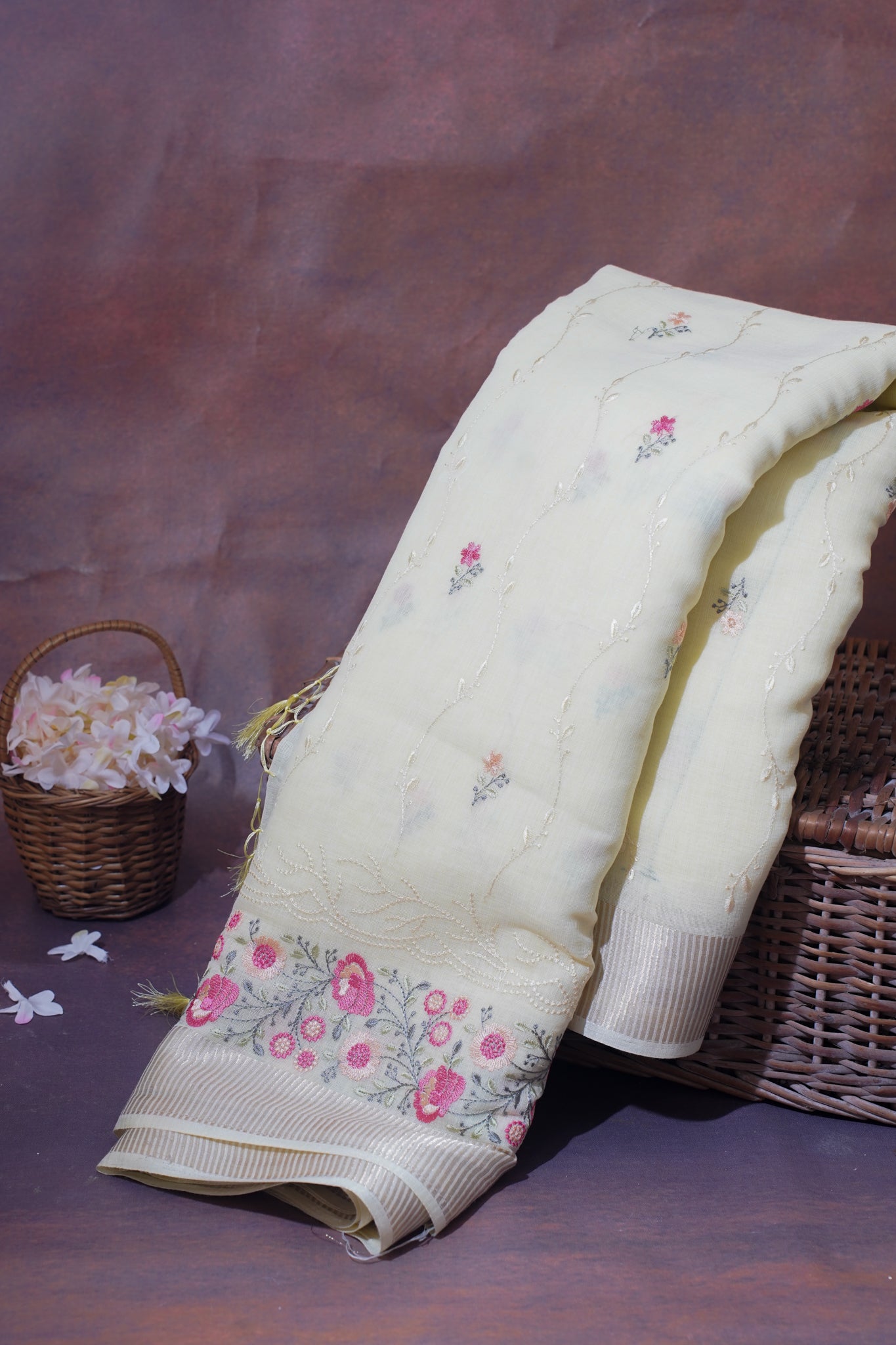 Lemon White Cotton Saree with Minakari Floral Embroidery