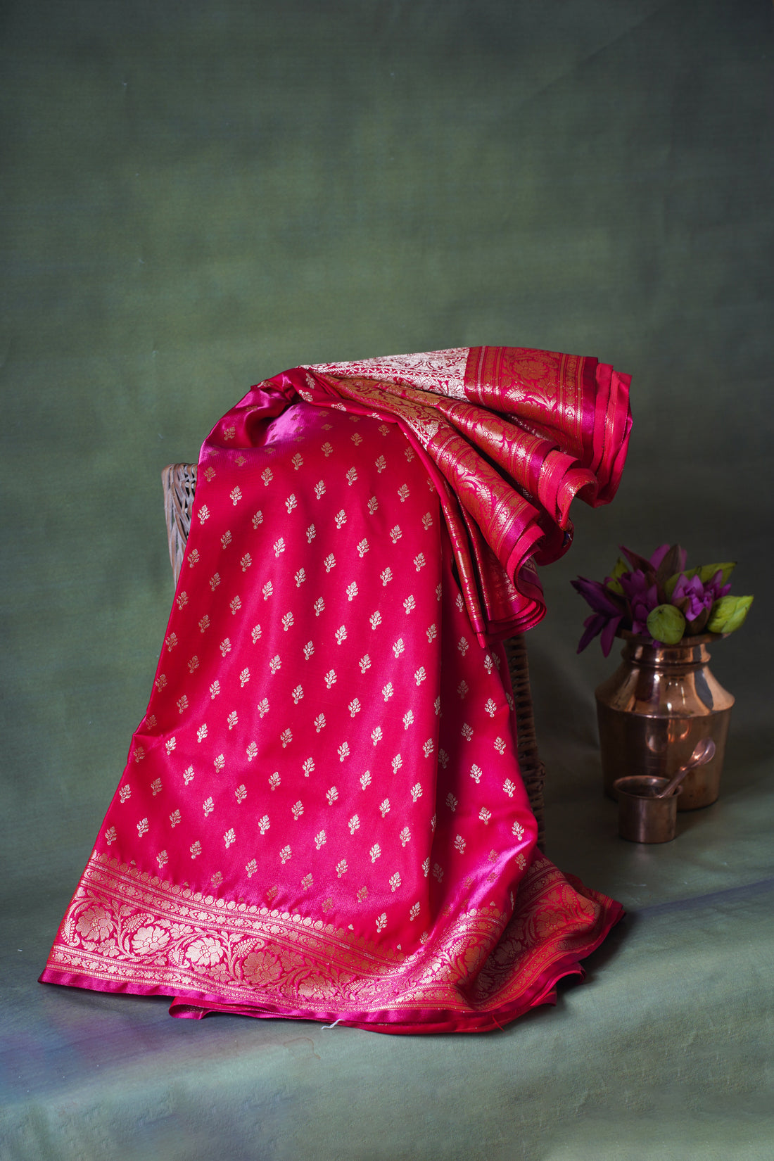 Crimson Pink Pure Banarasi Upada Satin Silk Buti Saree