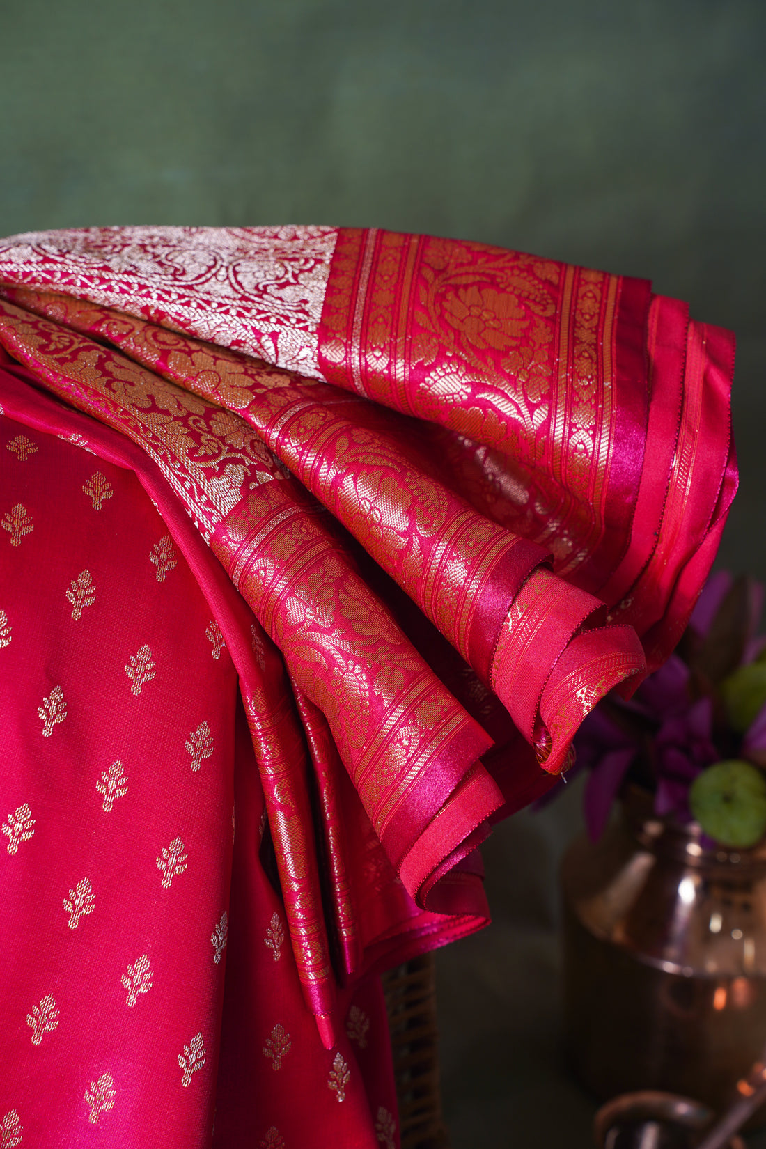 Crimson Pink Pure Banarasi Upada Satin Silk Buti Saree