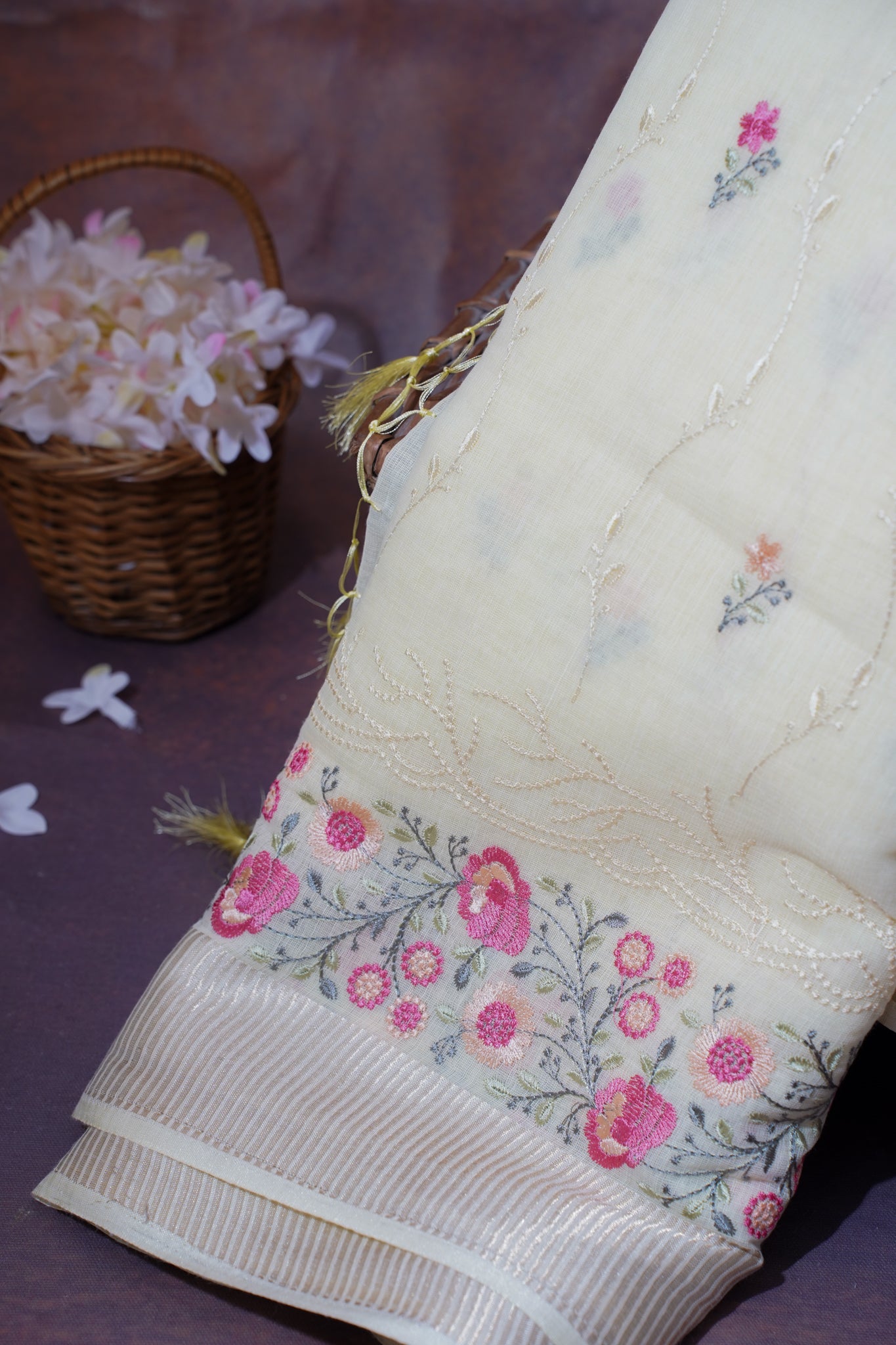 Lemon White Cotton Saree with Minakari Floral Embroidery
