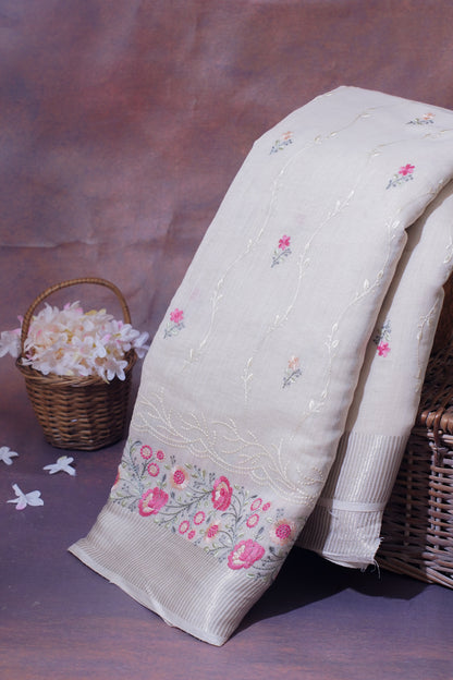 Ivory White Cotton Saree with Minakari Floral Embroidery