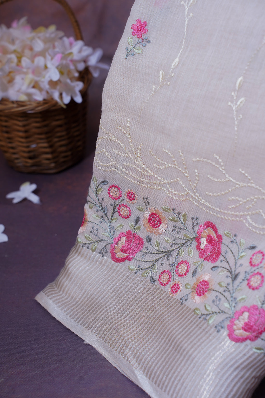 Ivory White Cotton Saree with Minakari Floral Embroidery