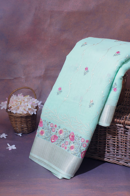 Mint Green Cotton Saree with Minakari Floral Embroidery