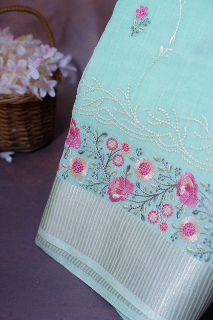 Mint Green Cotton Saree with Minakari Floral Embroidery