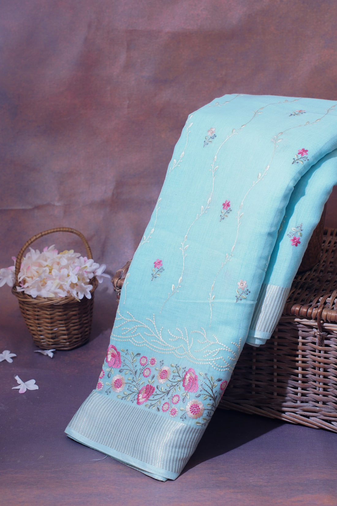Sky Blue Cotton Saree with Multicolor Minakari Embroidery