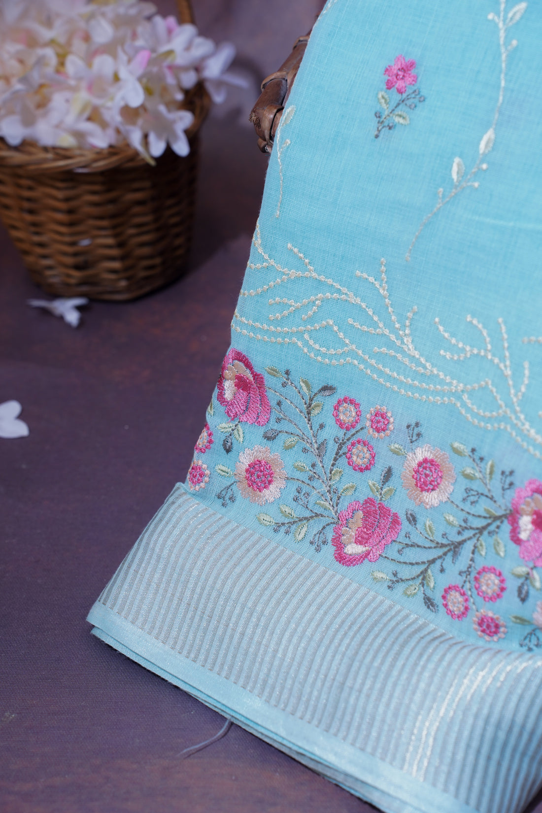 Sky Blue Cotton Saree with Multicolor Minakari Embroidery