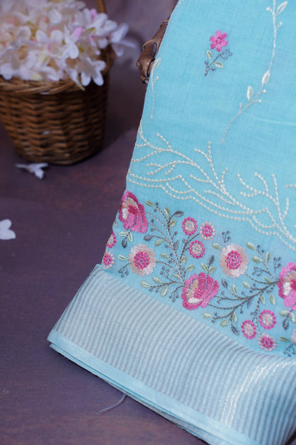 Sky Blue Cotton Saree with Multicolor Minakari Embroidery