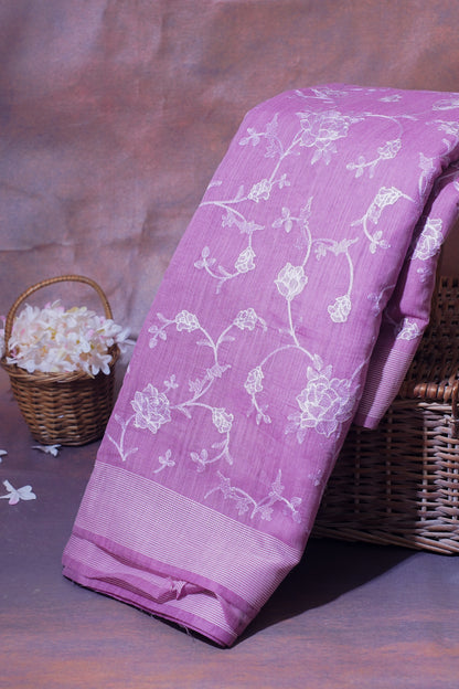 Lavender Pure Linen Saree with White Chikankari Embroidery
