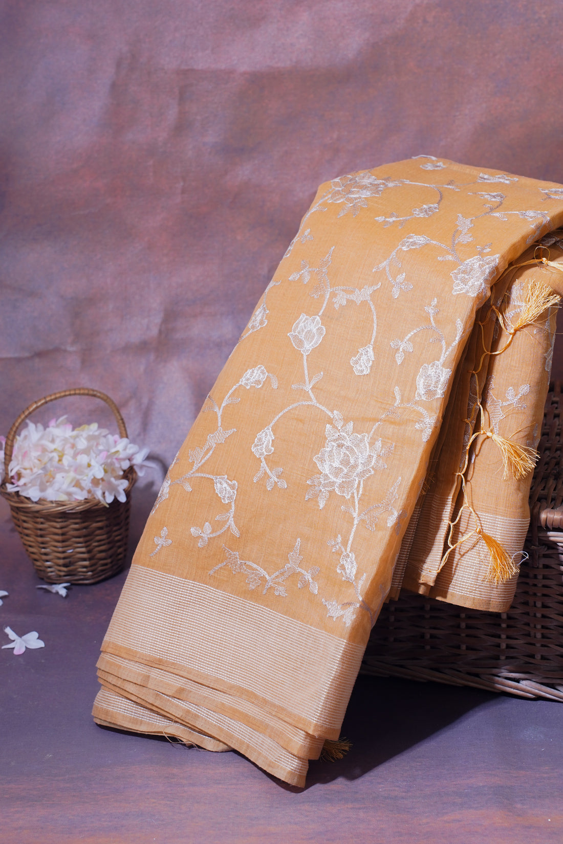 Peach Pure Linen Saree with White Chikankari Embroidery