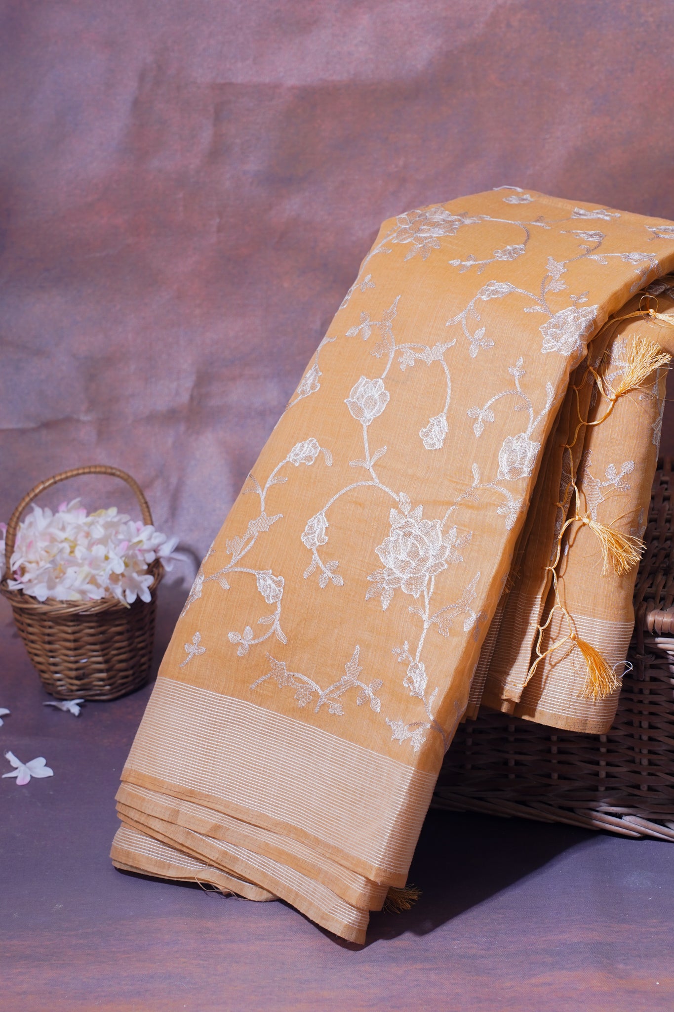 Peach Pure Linen Saree with White Chikankari Embroidery