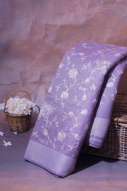 Lilac Pure Linen Saree with White Chikankari Embroidery
