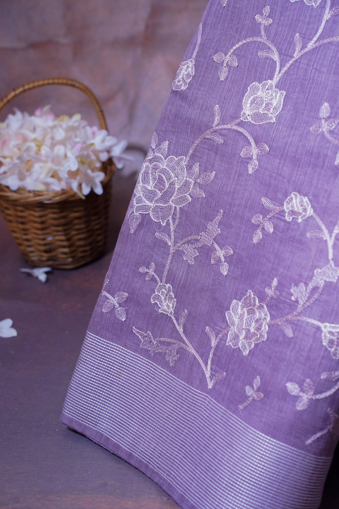 Lilac Pure Linen Saree with White Chikankari Embroidery