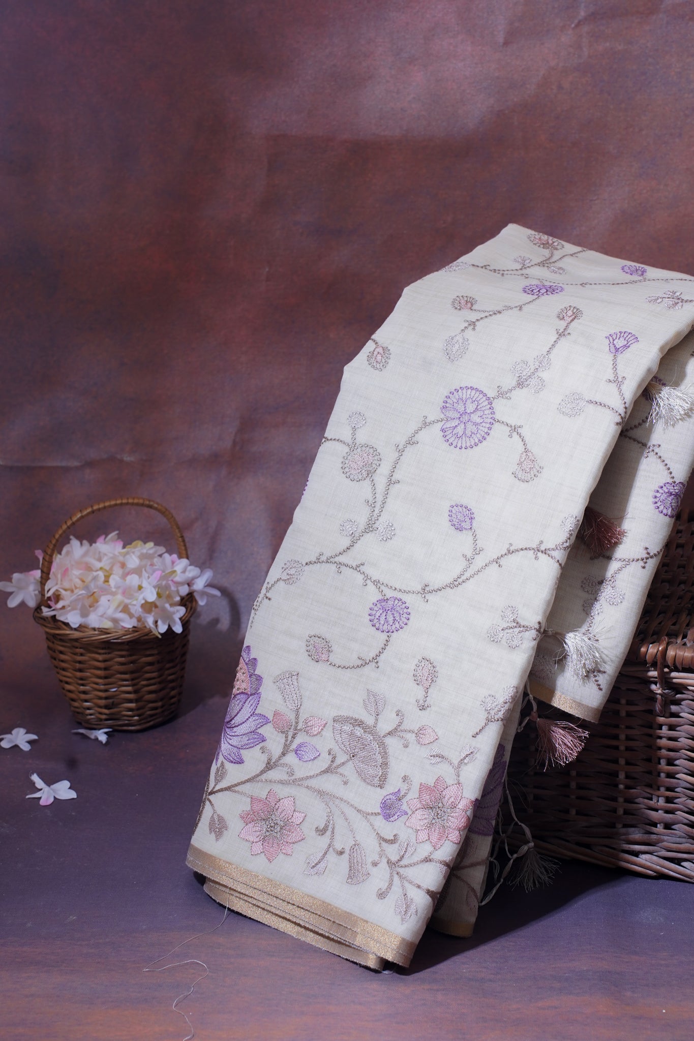 Off-White Cotton Saree with Multicolor Minakari Embroidery