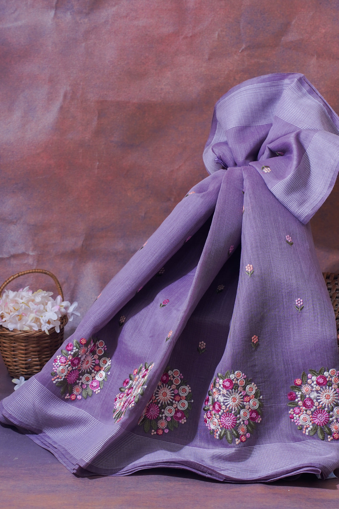 Lilac Linen Saree with Multicolor Floral Chikankari Embroidery