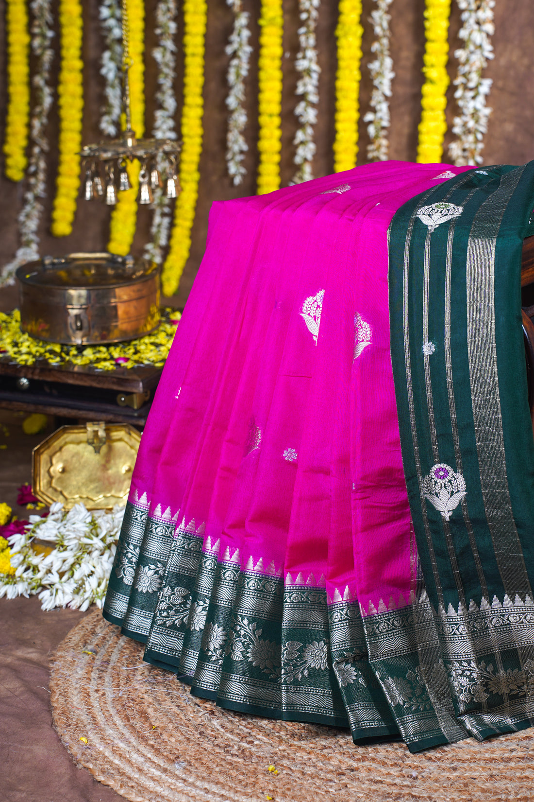 Bright Magenta Pink Handloom Banarasi Matka Silk Saree