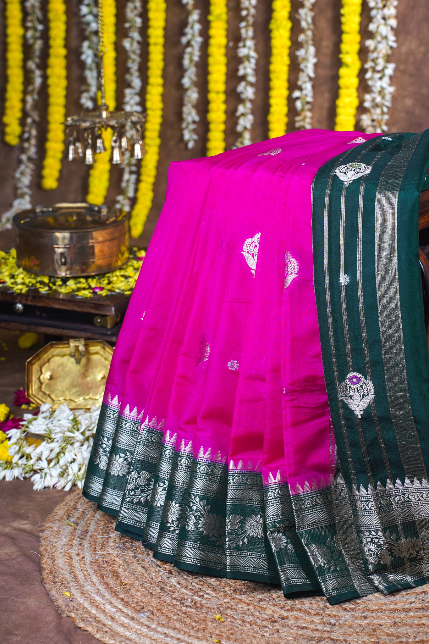 Bright Magenta Pink Handloom Banarasi Matka Silk Saree