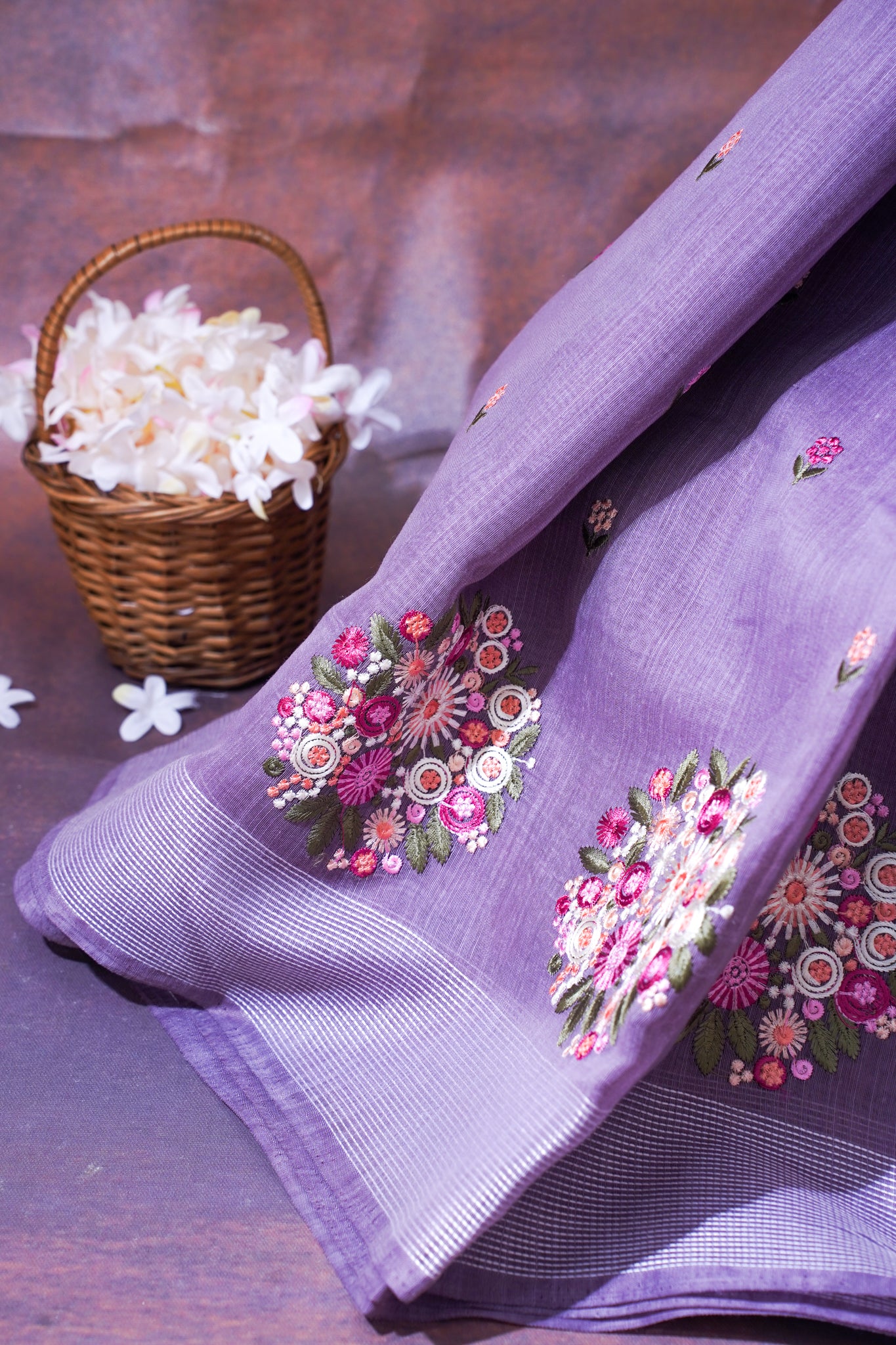 Lilac Linen Saree with Multicolor Floral Chikankari Embroidery