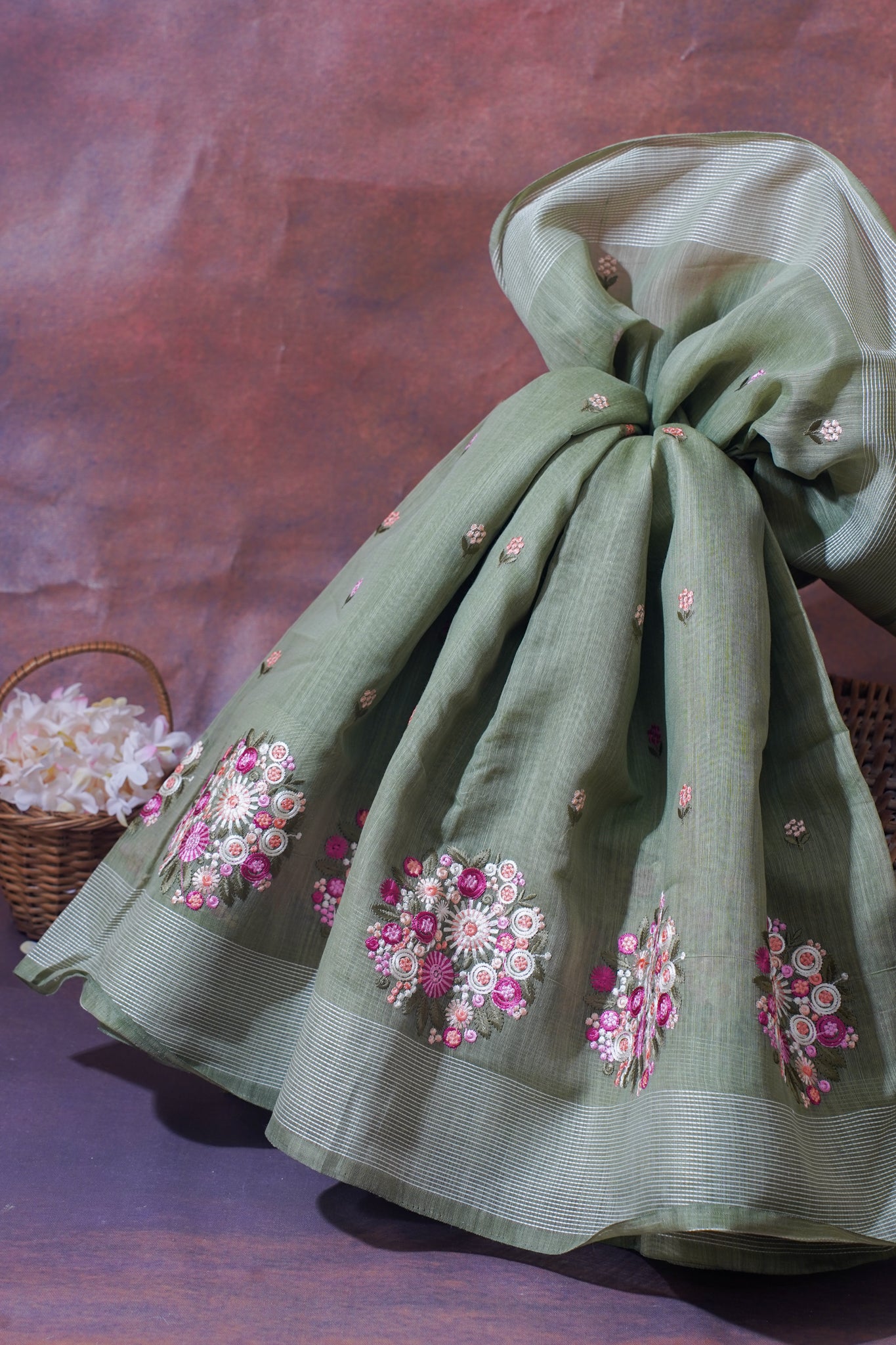 Sage Green Pure Linen Saree with Multicolor Floral Embroidery