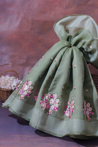 Sage Green Pure Linen Saree with Multicolor Floral Embroidery