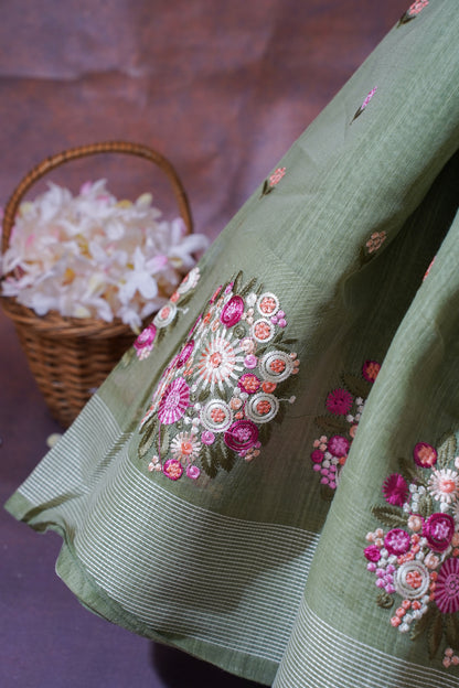 Sage Green Pure Linen Saree with Multicolor Floral Embroidery