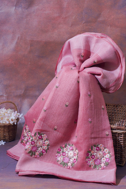 Rose Pink Pure Linen Saree with Multicolor Chikankari Embroidery