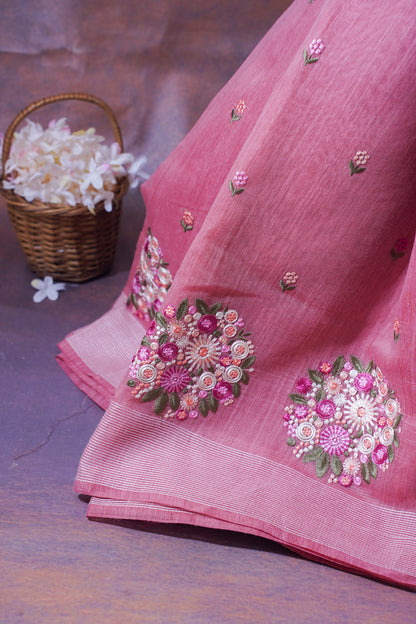 Rose Pink Pure Linen Saree with Multicolor Chikankari Embroidery