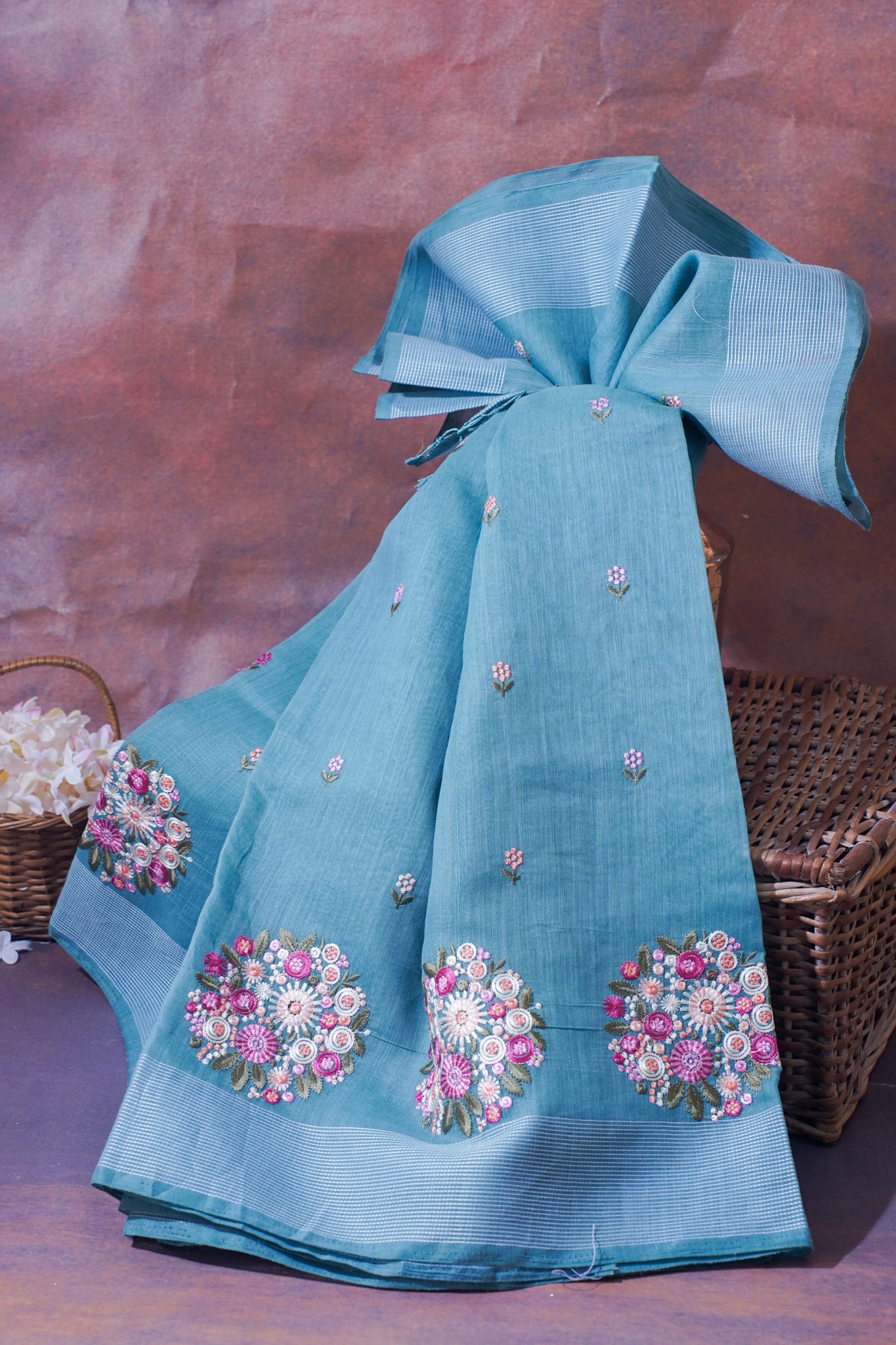 Sky Blue Pure Linen Saree with Multicolor Chikankari Embroidery