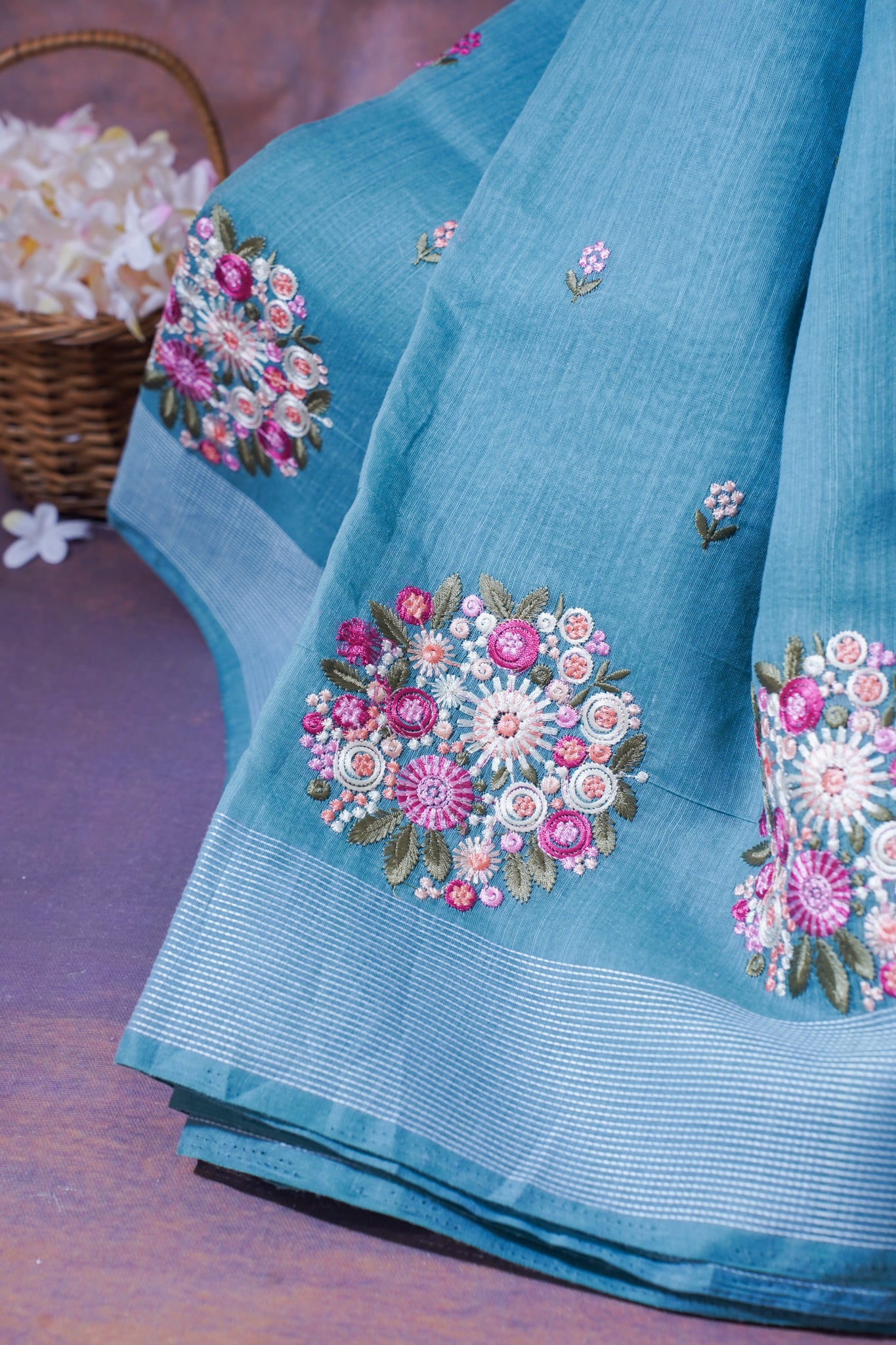 Sky Blue Pure Linen Saree with Multicolor Chikankari Embroidery